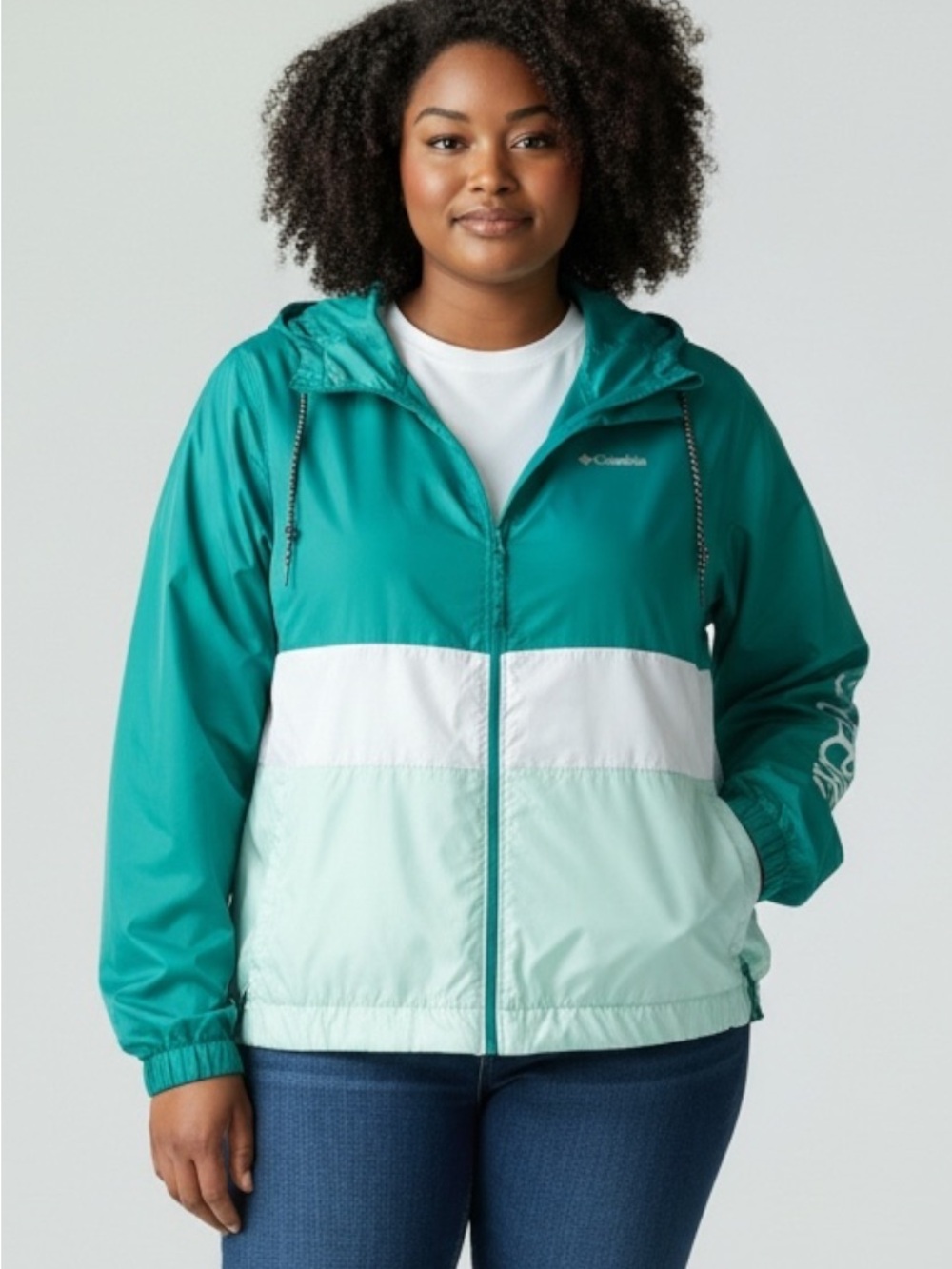 Columbia Women's Teal and Mint Colorblock Hooded Windbreaker